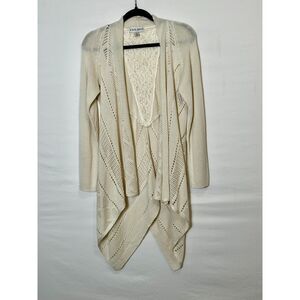 Knox Rose BOHO Open Front Cardigan Sweater Waterfall Lace Insert Size M Cream